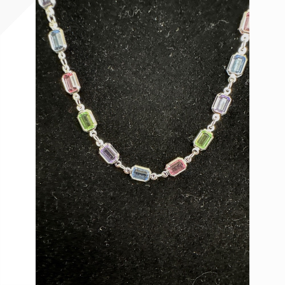 Multi Color Emerald Cut Crystal Station‎ Necklace  Long 22" 18k gold filled